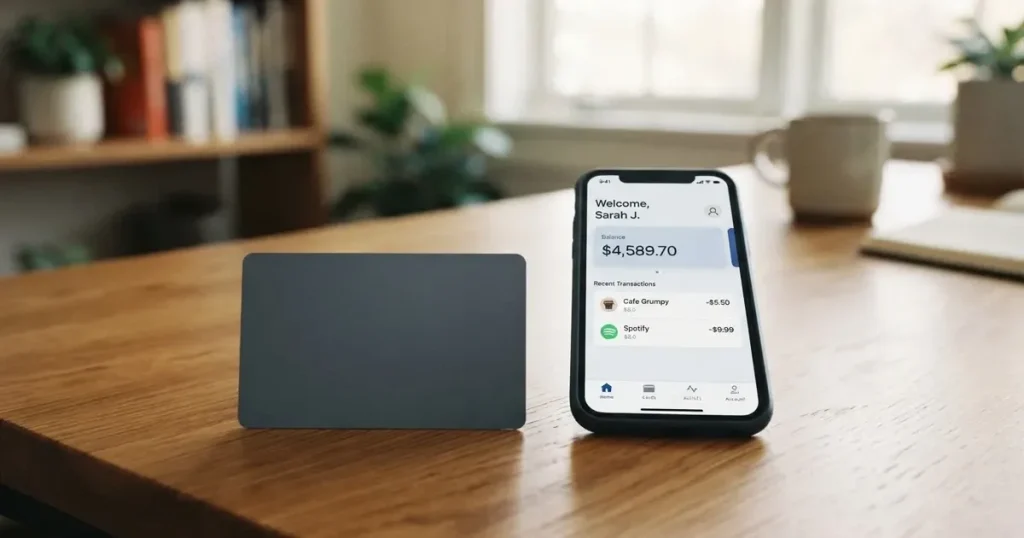 A payment card next to a phone with a crypto wallet app open
