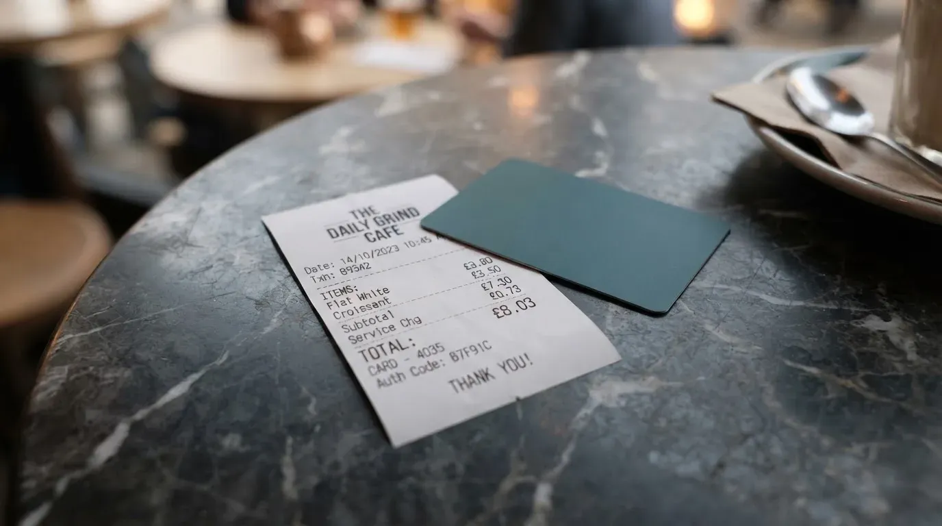 A receipt and a card on a café table