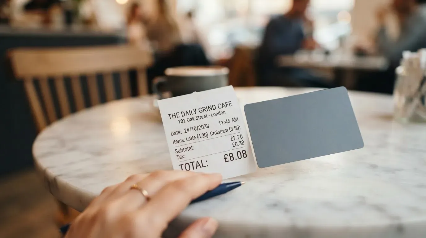 A receipt and a card on a café table