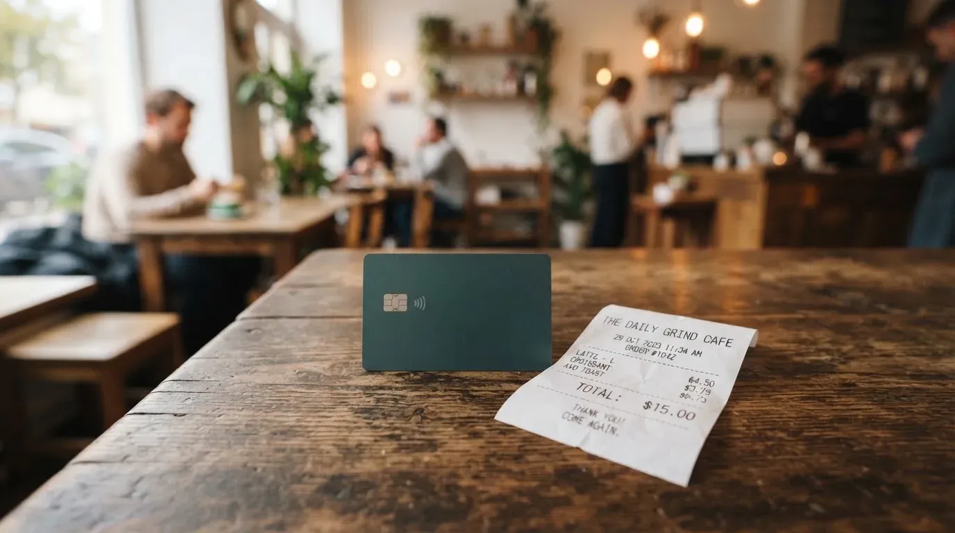 A receipt and a card on a café table