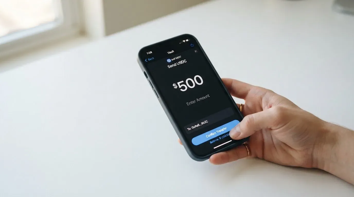 A phone showing a stablecoin transfer screen