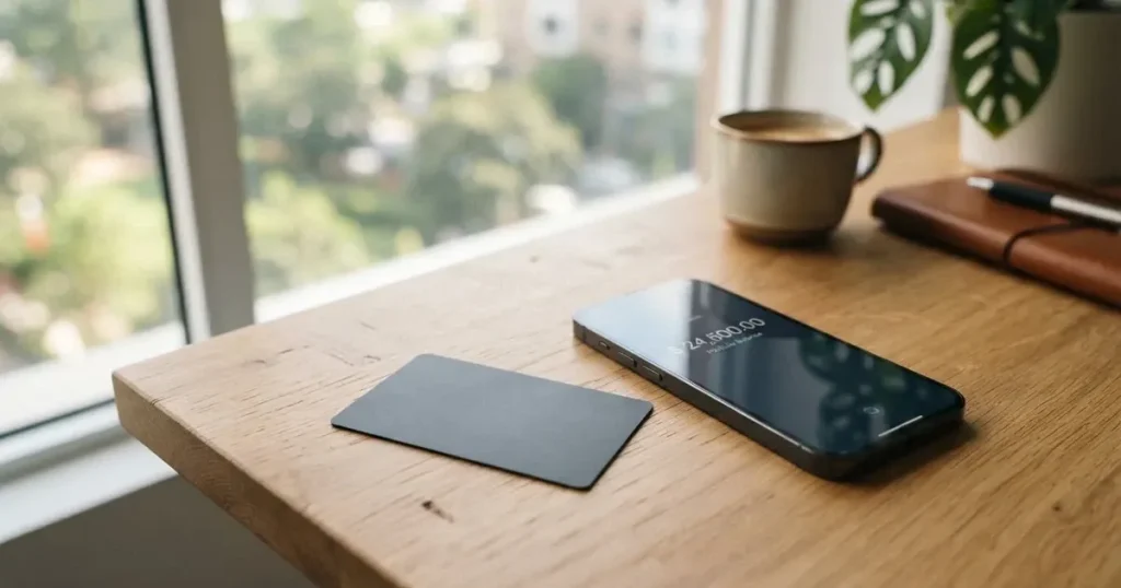 A payment card next to a phone with a crypto wallet app open