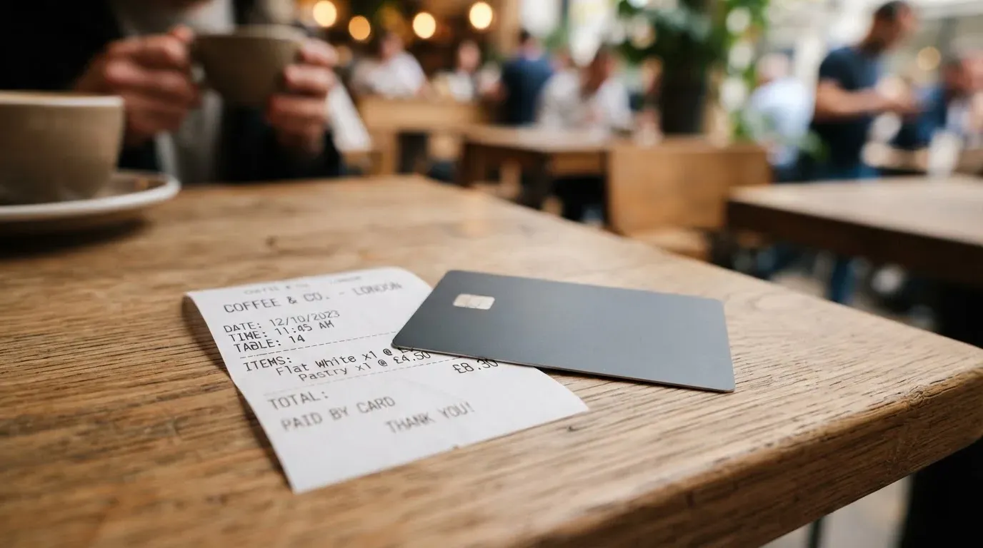 A receipt and a card on a café table