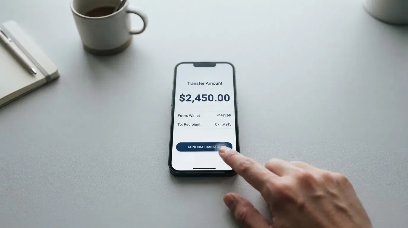 A phone showing a stablecoin transfer screen