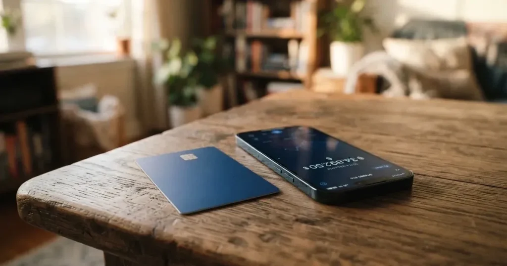 A payment card next to a phone with a crypto wallet app open