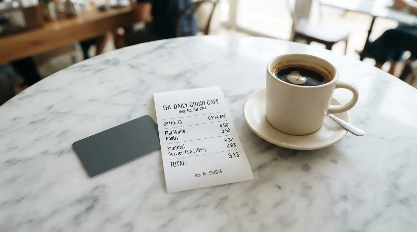 A receipt and a card on a café table