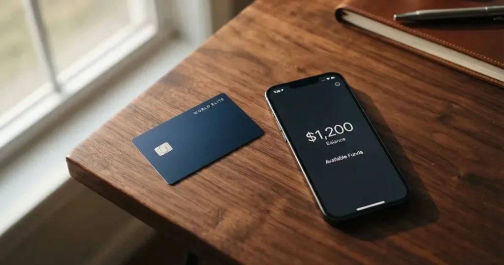 A payment card next to a phone with a crypto wallet app open