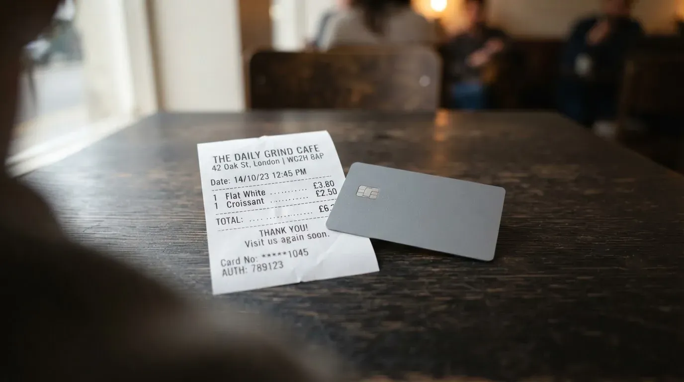 A receipt and a card on a café table