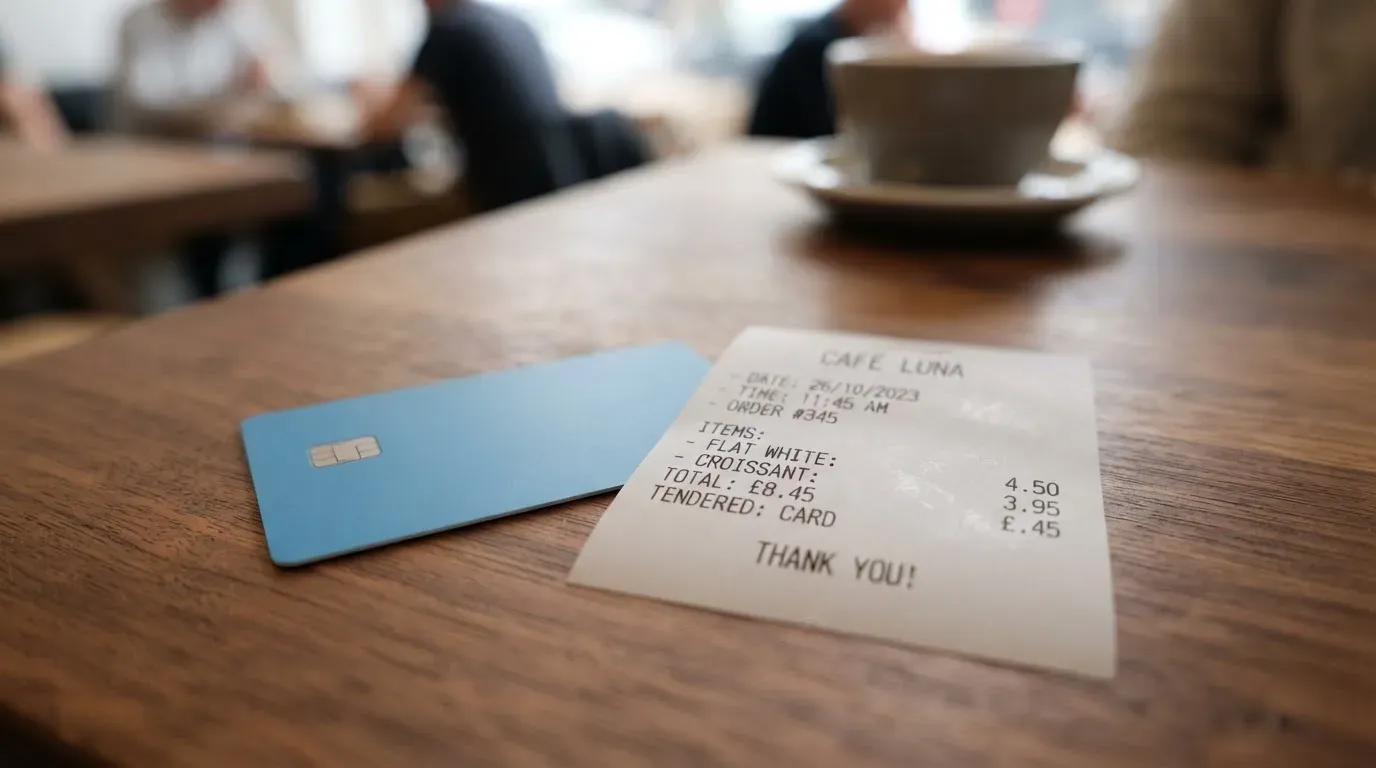 A receipt and a card on a café table